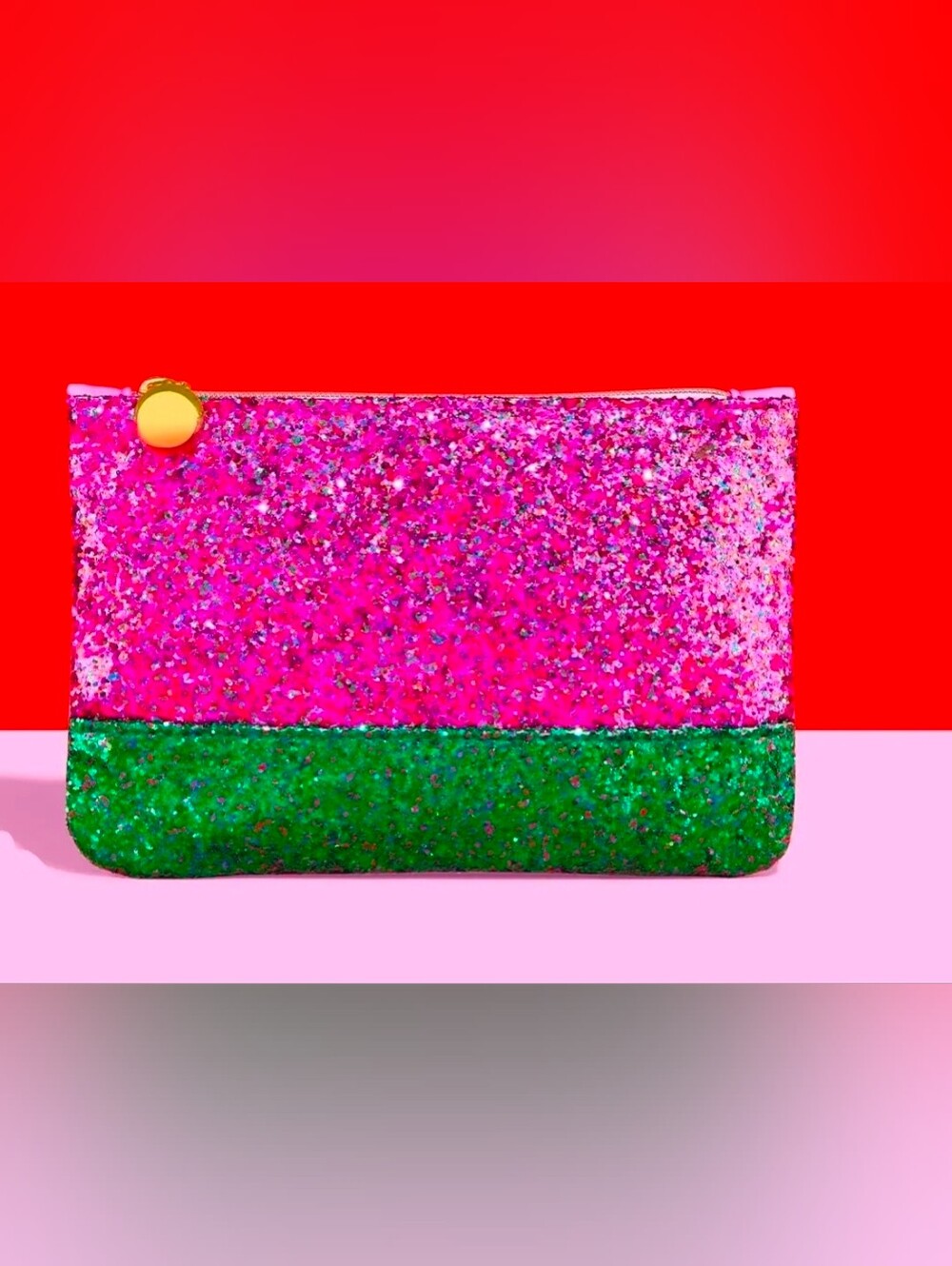 Ipsy December 2023 Glitter Two-Tone Pink & Green Zip Pouch